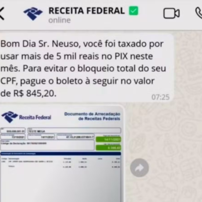 Receita Federal alerta para tentativa de golpe com falsa cobrança de taxa sobre o PIX