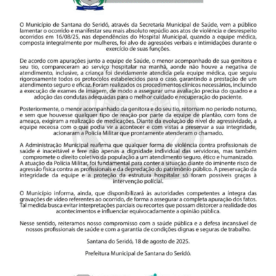 Prefeitura de Santana do Seridó solta nota dando apoio aos profissionais de saúde do hospital e repudiando agressões contra eles