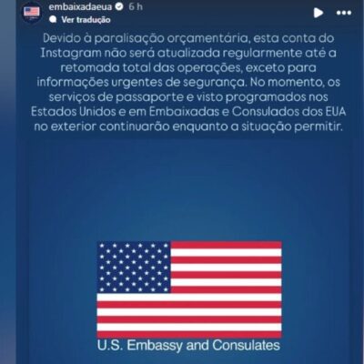 Embaixada dos EUA no Brasil paralisa atualizações devido ao shutdown