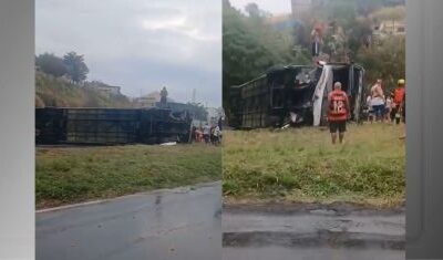Ônibus com torcedores do Flamengo tomba na Rodovia Presidente Dutra no RJ