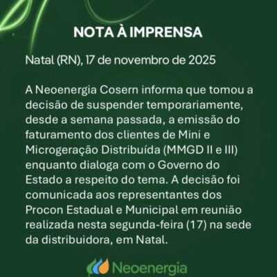 Cosern confirma suspensão de faturamento para os clientes de Mini e Microgeração Distribuída (MMGD II e III)