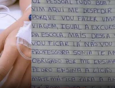 Menino de 11 anos com câncer terminal escreve cartinha de despedida aos amigos