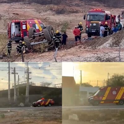 Retroescavadeira tomba entre São Vicente e Currais Novos e operador fica preso às ferragens