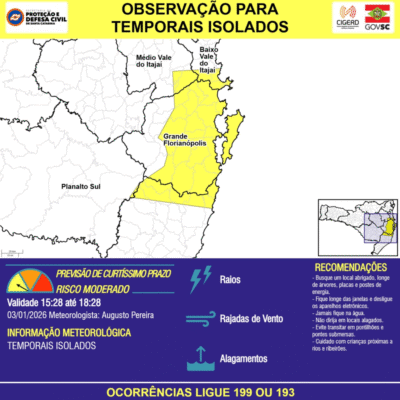 Defesa Civil de SC alerta para temporais isolados e risco de alagamentos