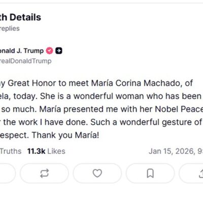 María Corina Machado entrega medalha do Nobel da Paz a Donald Trump na Casa Branca