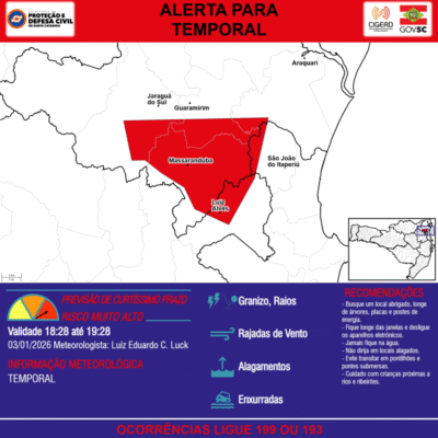 Temporal com ventos fortes, granizo e risco de enchentes em Santa Catarina