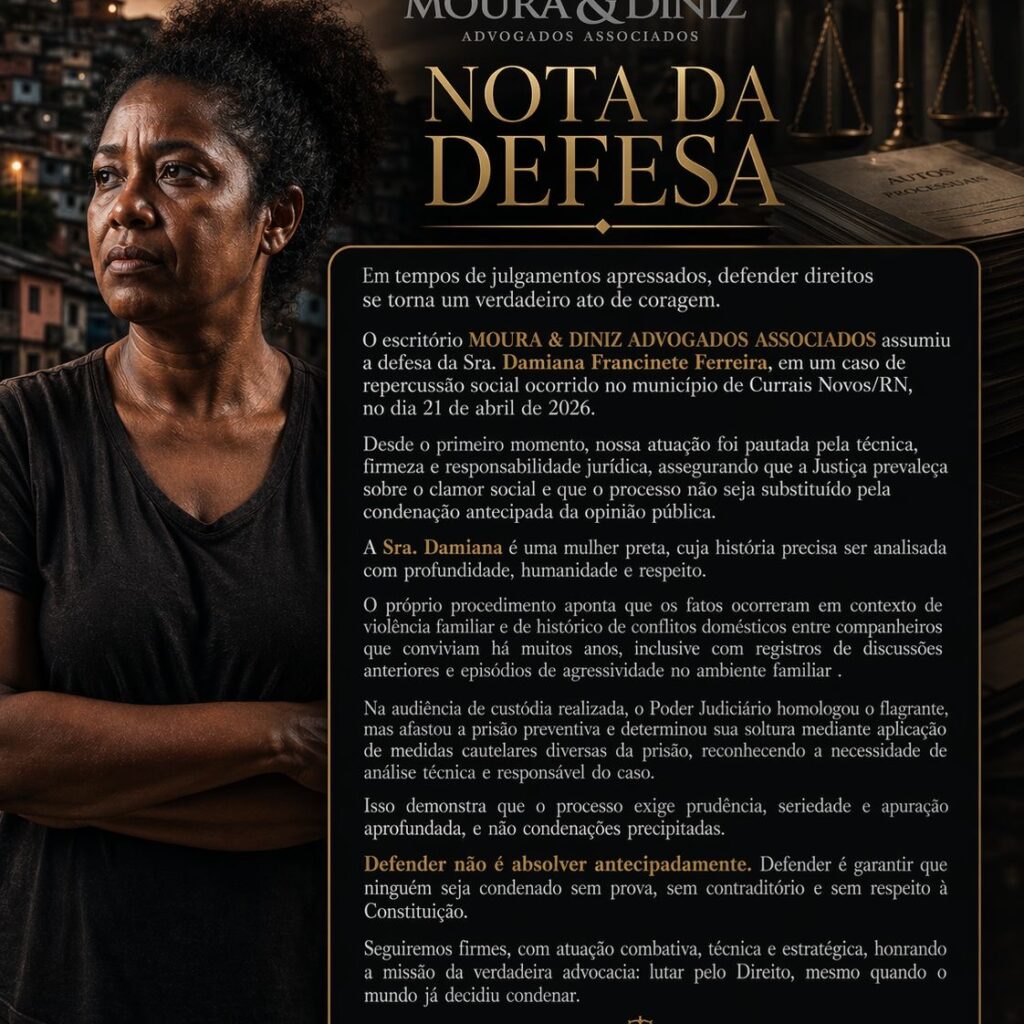 Nota de defesa é divulgada por escritório de advocacia sobre caso de repercussão em Currais Novos